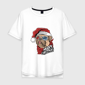 Мужская футболка хлопок Oversize с принтом Pug merry christmas в Белгороде, 100% хлопок | свободный крой, круглый ворот, “спинка” длиннее передней части | Тематика изображения на принте: 