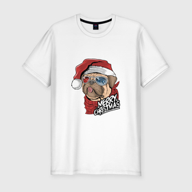 Мужская футболка хлопок Slim с принтом Pug merry christmas в Белгороде, 92% хлопок, 8% лайкра | приталенный силуэт, круглый вырез ворота, длина до линии бедра, короткий рукав | Тематика изображения на принте: 