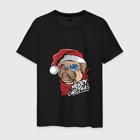 Мужская футболка хлопок с принтом Pug merry christmas в Белгороде, 100% хлопок | прямой крой, круглый вырез горловины, длина до линии бедер, слегка спущенное плечо. | Тематика изображения на принте: 