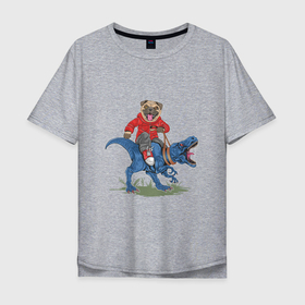Мужская футболка хлопок Oversize с принтом Мопс на динозавре в Новосибирске, 100% хлопок | свободный крой, круглый ворот, “спинка” длиннее передней части | Тематика изображения на принте: 