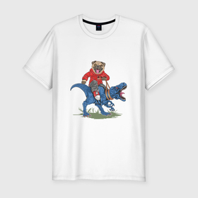 Мужская футболка хлопок Slim с принтом Мопс на динозавре в Кировске, 92% хлопок, 8% лайкра | приталенный силуэт, круглый вырез ворота, длина до линии бедра, короткий рукав | 