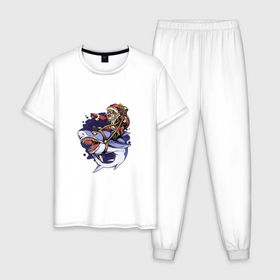 Мужская пижама хлопок с принтом Санта на акуле в Белгороде, 100% хлопок | брюки и футболка прямого кроя, без карманов, на брюках мягкая резинка на поясе и по низу штанин
 | Тематика изображения на принте: 