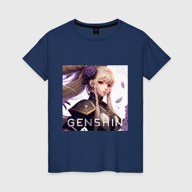 Женская футболка хлопок с принтом Genshin Impact art в Белгороде, 100% хлопок | прямой крой, круглый вырез горловины, длина до линии бедер, слегка спущенное плечо | 