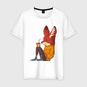 Мужская футболка хлопок с принтом Отдыхающий лис в Петрозаводске, 100% хлопок | прямой крой, круглый вырез горловины, длина до линии бедер, слегка спущенное плечо. | 