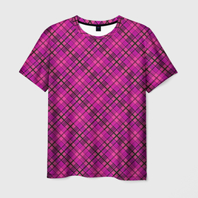 Мужская футболка 3D с принтом Малиново розовый узор в клетку в Тюмени, 100% полиэфир | прямой крой, круглый вырез горловины, длина до линии бедер | 
