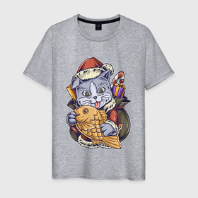 Мужская футболка хлопок с принтом Новогодний котик с рыбкой , 100% хлопок | прямой крой, круглый вырез горловины, длина до линии бедер, слегка спущенное плечо. | 