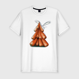 Мужская футболка хлопок Slim с принтом Кролик спрятался за ёлкой из морковок в Новосибирске, 92% хлопок, 8% лайкра | приталенный силуэт, круглый вырез ворота, длина до линии бедра, короткий рукав | 