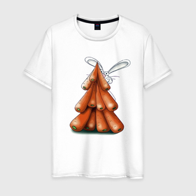 Мужская футболка хлопок с принтом Кролик спрятался за ёлкой из морковок в Новосибирске, 100% хлопок | прямой крой, круглый вырез горловины, длина до линии бедер, слегка спущенное плечо. | 