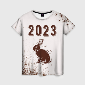 Женская футболка 3D с принтом 2023 Кролик силуэт на светлом в Екатеринбурге, 100% полиэфир ( синтетическое хлопкоподобное полотно) | прямой крой, круглый вырез горловины, длина до линии бедер | 