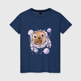 Женская футболка хлопок с принтом Собака мопс космонавт , 100% хлопок | прямой крой, круглый вырез горловины, длина до линии бедер, слегка спущенное плечо | 