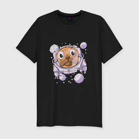 Мужская футболка хлопок Slim с принтом Собака мопс космонавт в Новосибирске, 92% хлопок, 8% лайкра | приталенный силуэт, круглый вырез ворота, длина до линии бедра, короткий рукав | Тематика изображения на принте: 