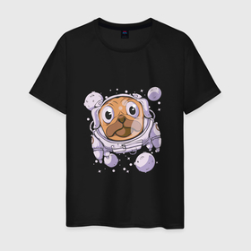 Мужская футболка хлопок с принтом Собака мопс космонавт в Новосибирске, 100% хлопок | прямой крой, круглый вырез горловины, длина до линии бедер, слегка спущенное плечо. | Тематика изображения на принте: 