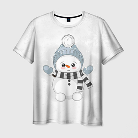 Мужская футболка 3D с принтом Милый снеговик и снежинки в Тюмени, 100% полиэфир | прямой крой, круглый вырез горловины, длина до линии бедер | 