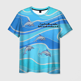 Мужская футболка 3D с принтом Дельфины в голубом море в Санкт-Петербурге, 100% полиэфир | прямой крой, круглый вырез горловины, длина до линии бедер | Тематика изображения на принте: 