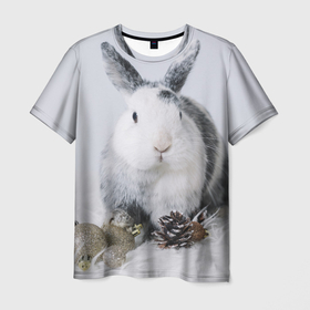 Мужская футболка 3D с принтом Кролик с шишками и игрушками в Санкт-Петербурге, 100% полиэфир | прямой крой, круглый вырез горловины, длина до линии бедер | 