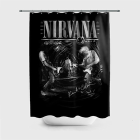 Штора 3D для ванной с принтом Nirvana music в Белгороде, 100% полиэстер | плотность материала — 100 г/м2. Стандартный размер — 146 см х 180 см. По верхнему краю — пластиковые люверсы для креплений. В комплекте 10 пластиковых колец | 