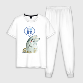 Мужская пижама хлопок с принтом Заяц ёлочная игрушка в Петрозаводске, 100% хлопок | брюки и футболка прямого кроя, без карманов, на брюках мягкая резинка на поясе и по низу штанин
 | Тематика изображения на принте: 