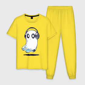 Мужская пижама хлопок с принтом Прикольный призрак в наушниках в Кировске, 100% хлопок | брюки и футболка прямого кроя, без карманов, на брюках мягкая резинка на поясе и по низу штанин
 | 