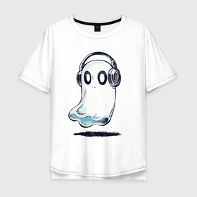 Мужская футболка хлопок Oversize с принтом Прикольный призрак в наушниках в Кировске, 100% хлопок | свободный крой, круглый ворот, “спинка” длиннее передней части | 