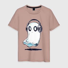 Мужская футболка хлопок с принтом Прикольный призрак в наушниках в Курске, 100% хлопок | прямой крой, круглый вырез горловины, длина до линии бедер, слегка спущенное плечо. | 