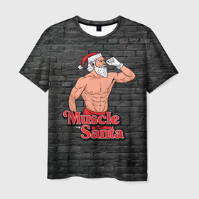 Мужская футболка 3D с принтом Muscle Santa в Курске, 100% полиэфир | прямой крой, круглый вырез горловины, длина до линии бедер | 