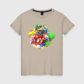 Женская футболка хлопок с принтом Марио, Луиджи, Пич и Йоши в Тюмени, 100% хлопок | прямой крой, круглый вырез горловины, длина до линии бедер, слегка спущенное плечо | 