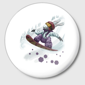 Значок с принтом Кролик Сноубордист ,  металл | круглая форма, металлическая застежка в виде булавки | Тематика изображения на принте: 