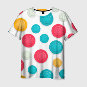 Мужская футболка 3D с принтом Белый фон и абстрактные разноцветные объёмные окружности в Белгороде, 100% полиэфир | прямой крой, круглый вырез горловины, длина до линии бедер | 