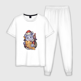 Мужская пижама хлопок с принтом Новогодний котик с рыбкой , 100% хлопок | брюки и футболка прямого кроя, без карманов, на брюках мягкая резинка на поясе и по низу штанин
 | 