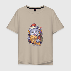 Мужская футболка хлопок Oversize с принтом Новогодний котик с рыбкой , 100% хлопок | свободный крой, круглый ворот, “спинка” длиннее передней части | 