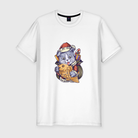 Мужская футболка хлопок Slim с принтом Новогодний котик с рыбкой в Екатеринбурге, 92% хлопок, 8% лайкра | приталенный силуэт, круглый вырез ворота, длина до линии бедра, короткий рукав | 