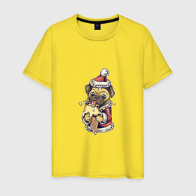 Мужская футболка хлопок с принтом Новогодний мопсик с мороженым в Рязани, 100% хлопок | прямой крой, круглый вырез горловины, длина до линии бедер, слегка спущенное плечо. | Тематика изображения на принте: 