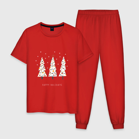 Мужская пижама хлопок с принтом Три новогодних ёлочки в Санкт-Петербурге, 100% хлопок | брюки и футболка прямого кроя, без карманов, на брюках мягкая резинка на поясе и по низу штанин
 | 