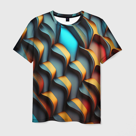 Мужская футболка 3D с принтом Разноцветный узор с футуристическими абстрактными деталями в Санкт-Петербурге, 100% полиэфир | прямой крой, круглый вырез горловины, длина до линии бедер | Тематика изображения на принте: 