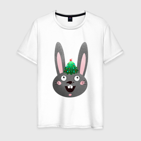 Мужская футболка хлопок с принтом Черный кролик и новогодняя ёлка в Новосибирске, 100% хлопок | прямой крой, круглый вырез горловины, длина до линии бедер, слегка спущенное плечо. | 
