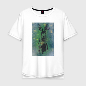 Мужская футболка хлопок Oversize с принтом заяц с елочным шаром в Курске, 100% хлопок | свободный крой, круглый ворот, “спинка” длиннее передней части | Тематика изображения на принте: 