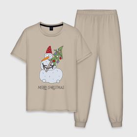 Мужская пижама хлопок с принтом Снеговик с новогодней ёлкой в Руках в Тюмени, 100% хлопок | брюки и футболка прямого кроя, без карманов, на брюках мягкая резинка на поясе и по низу штанин
 | 