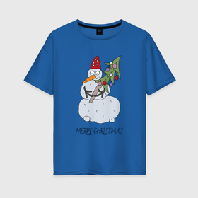 Женская футболка хлопок Oversize с принтом Снеговик с новогодней ёлкой в Руках. в Тюмени, 100% хлопок | свободный крой, круглый ворот, спущенный рукав, длина до линии бедер
 | 