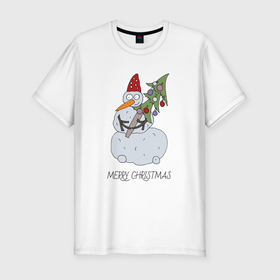 Мужская футболка хлопок Slim с принтом Снеговик с новогодней ёлкой в Руках в Курске, 92% хлопок, 8% лайкра | приталенный силуэт, круглый вырез ворота, длина до линии бедра, короткий рукав | 