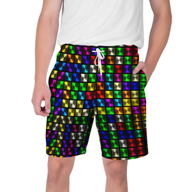 Мужские шорты 3D с принтом Разноцветные неоновые квадраты в Екатеринбурге,  полиэстер 100% | прямой крой, два кармана без застежек по бокам. Мягкая трикотажная резинка на поясе, внутри которой широкие завязки. Длина чуть выше колен | 