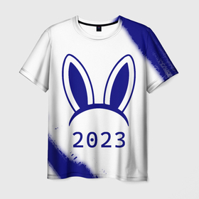 Мужская футболка 3D с принтом НГ Кролик ушки на светлом в Тюмени, 100% полиэфир | прямой крой, круглый вырез горловины, длина до линии бедер | 