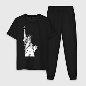 Мужская пижама хлопок с принтом Статуя Свободы в графике , 100% хлопок | брюки и футболка прямого кроя, без карманов, на брюках мягкая резинка на поясе и по низу штанин
 | 