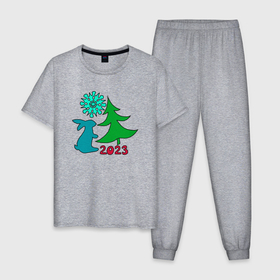 Мужская пижама хлопок с принтом Заяц, елка и снежинка в Петрозаводске, 100% хлопок | брюки и футболка прямого кроя, без карманов, на брюках мягкая резинка на поясе и по низу штанин
 | 