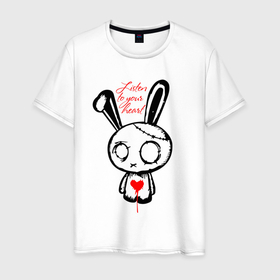 Мужская футболка хлопок с принтом Слушай своё сердце   rabbit в Курске, 100% хлопок | прямой крой, круглый вырез горловины, длина до линии бедер, слегка спущенное плечо. | 