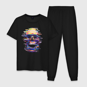 Мужская пижама хлопок с принтом Art skull   glitch в Екатеринбурге, 100% хлопок | брюки и футболка прямого кроя, без карманов, на брюках мягкая резинка на поясе и по низу штанин
 | Тематика изображения на принте: 