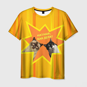 Мужская футболка 3D с принтом Наташа, как дела   коты мем в Санкт-Петербурге, 100% полиэфир | прямой крой, круглый вырез горловины, длина до линии бедер | 