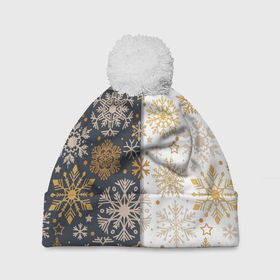 Шапка 3D c помпоном с принтом Рождественские милые золотые снежинки в Белгороде, 100% полиэстер | универсальный размер, печать по всей поверхности изделия | 