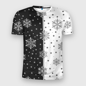 Мужская футболка 3D Slim с принтом Рождественские снежинки на черно белом фоне в Петрозаводске, 100% полиэстер с улучшенными характеристиками | приталенный силуэт, круглая горловина, широкие плечи, сужается к линии бедра | 