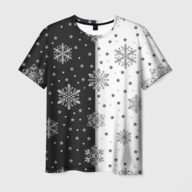 Мужская футболка 3D с принтом Рождественские снежинки на черно белом фоне в Петрозаводске, 100% полиэфир | прямой крой, круглый вырез горловины, длина до линии бедер | 