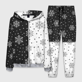 Мужской костюм 3D с принтом Рождественские снежинки на черно белом фоне , 100% полиэстер | Манжеты и пояс оформлены тканевой резинкой, двухслойный капюшон со шнурком для регулировки, карманы спереди | 